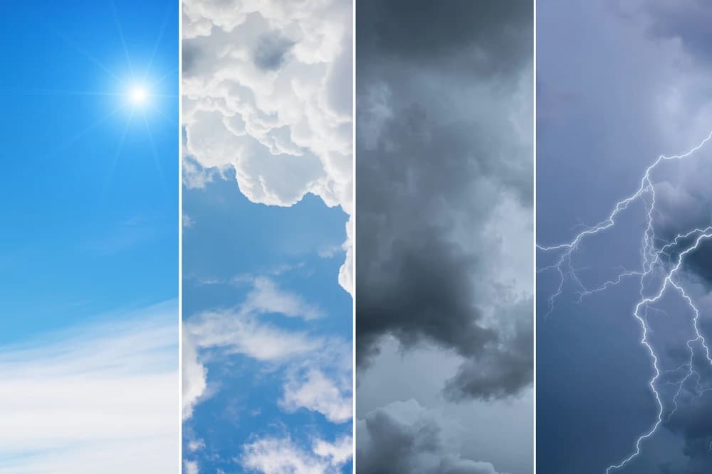 Four skies side by side — bright sun, cloud, storm, lightning