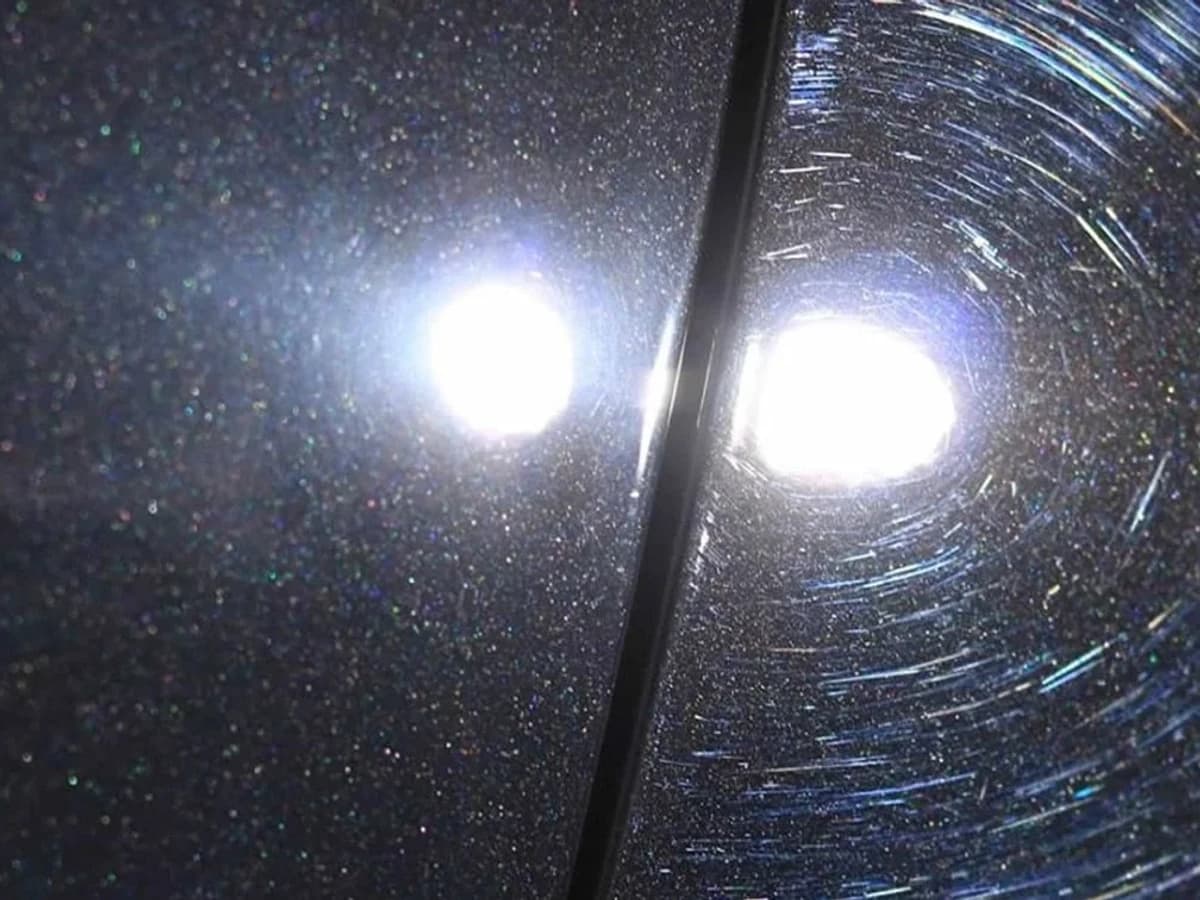 The same light on two panels: a clean round reflection on corrected paint, and a spiderweb of fine scratches around it on uncorrected paint