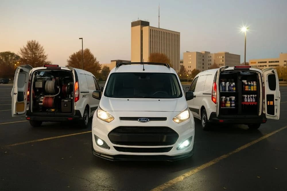 The Diamond Clean Detail fleet — three fully stocked mobile detailing vans at dusk